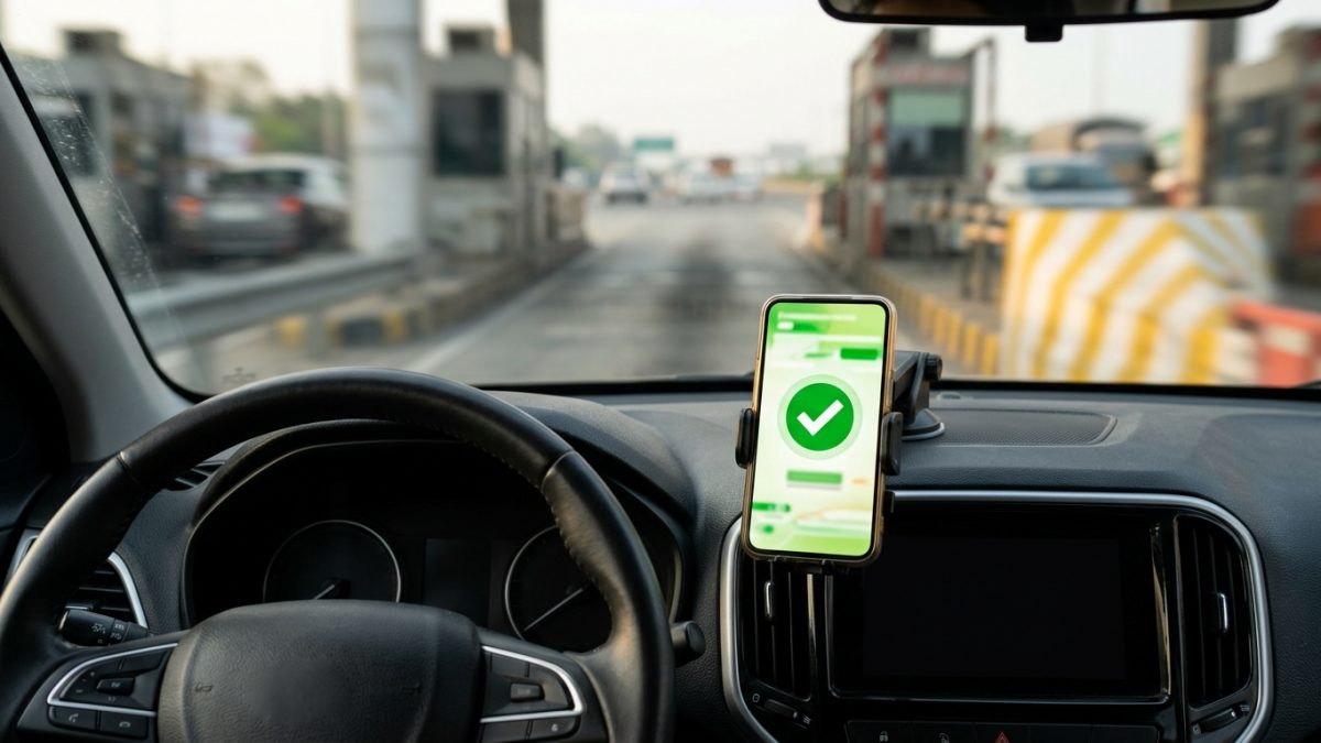 Driver checking online PUC certificate details on a smartphone inside a car
