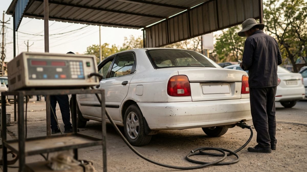 Vehicle tailpipe emission test being conducted at an Indian fuel station