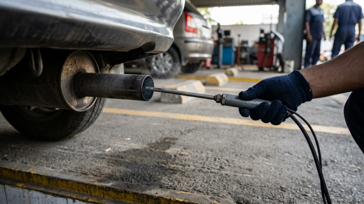 Vehicle exhaust pipe connected to an emissions testing sensor at an Indian PUC centre