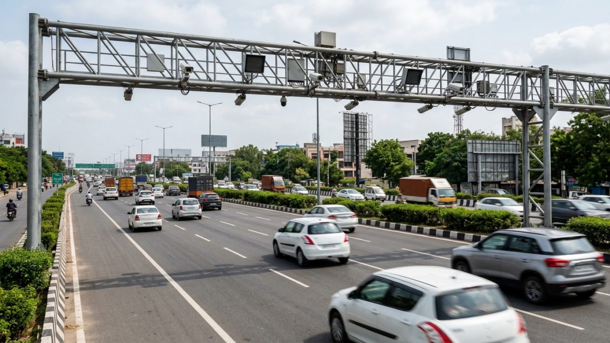 Modern highway traffic camera setup enforcing vehicle compliance across lanes