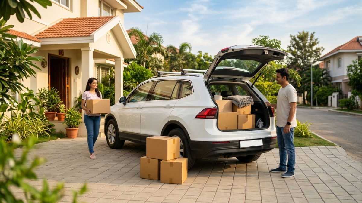 A family car parked on a residential driveway ready for relocation representing rc address change online