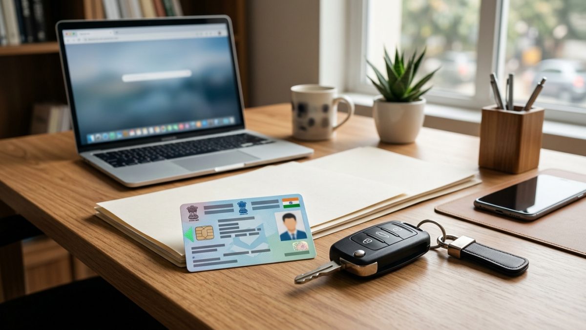 Identity documents, vehicle paperwork and car key arranged on a wooden desk for rc address change online