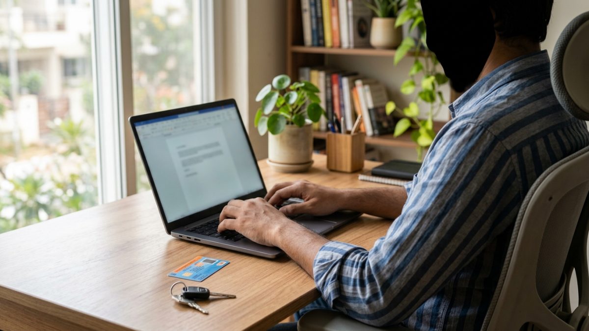 A person using a laptop with an official online government portal for rc address change online