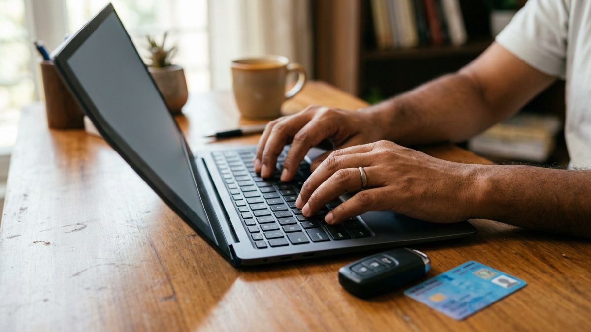 Person accessing the Parivahan portal on a laptop for vehicle rc renewal online