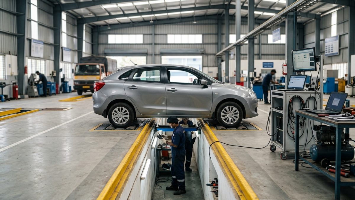 Car undergoing vehicle fitness test for rc renewal at an automated inspection station