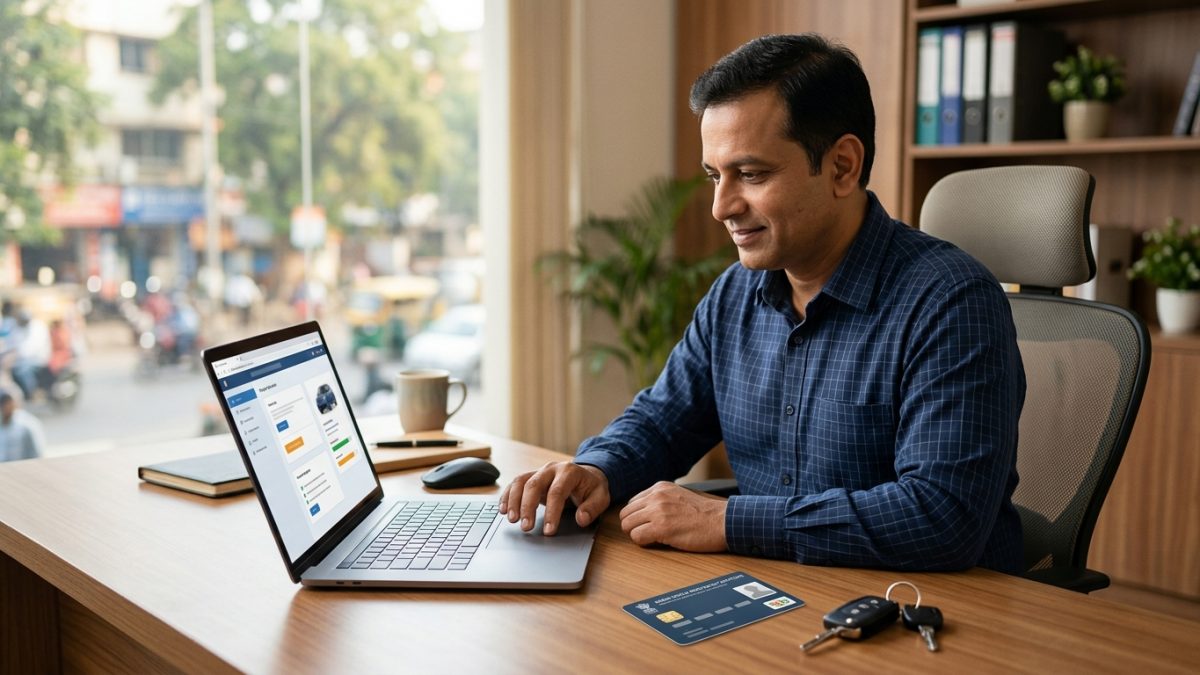Laptop screen displaying the Parivahan Sewa portal for vehicle rc status online check