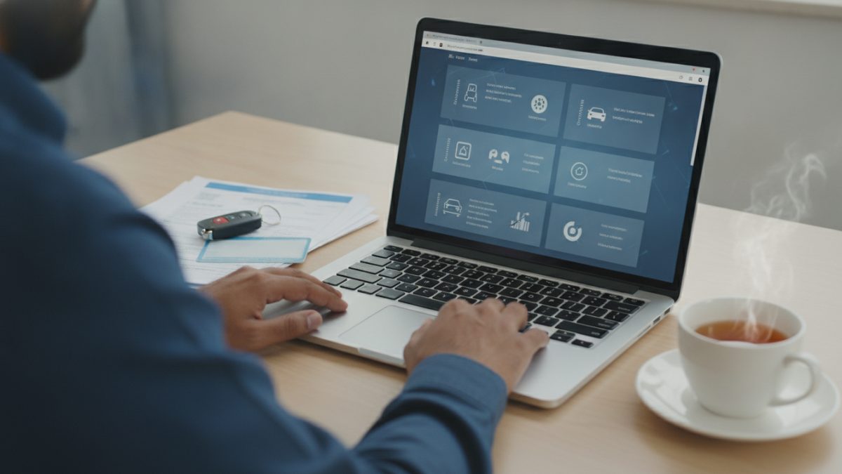 Laptop showing government vehicle service portal dashboard for rc status check online
