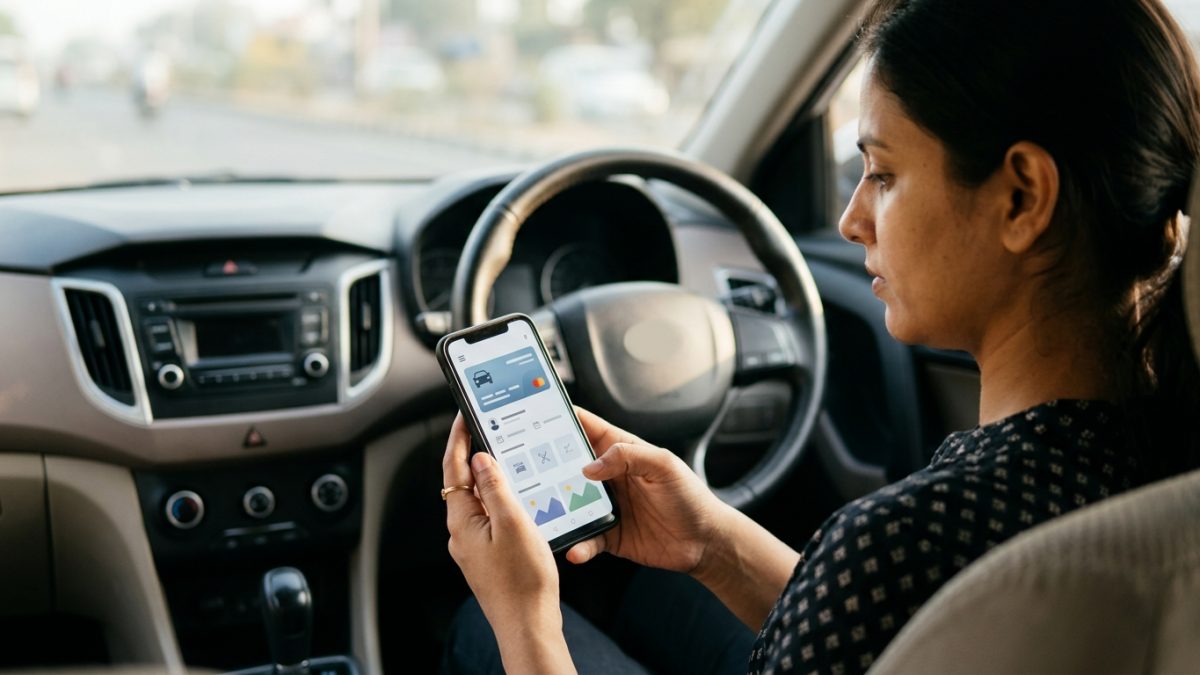 Smartphone displaying a digital vehicle document inside a car cabin