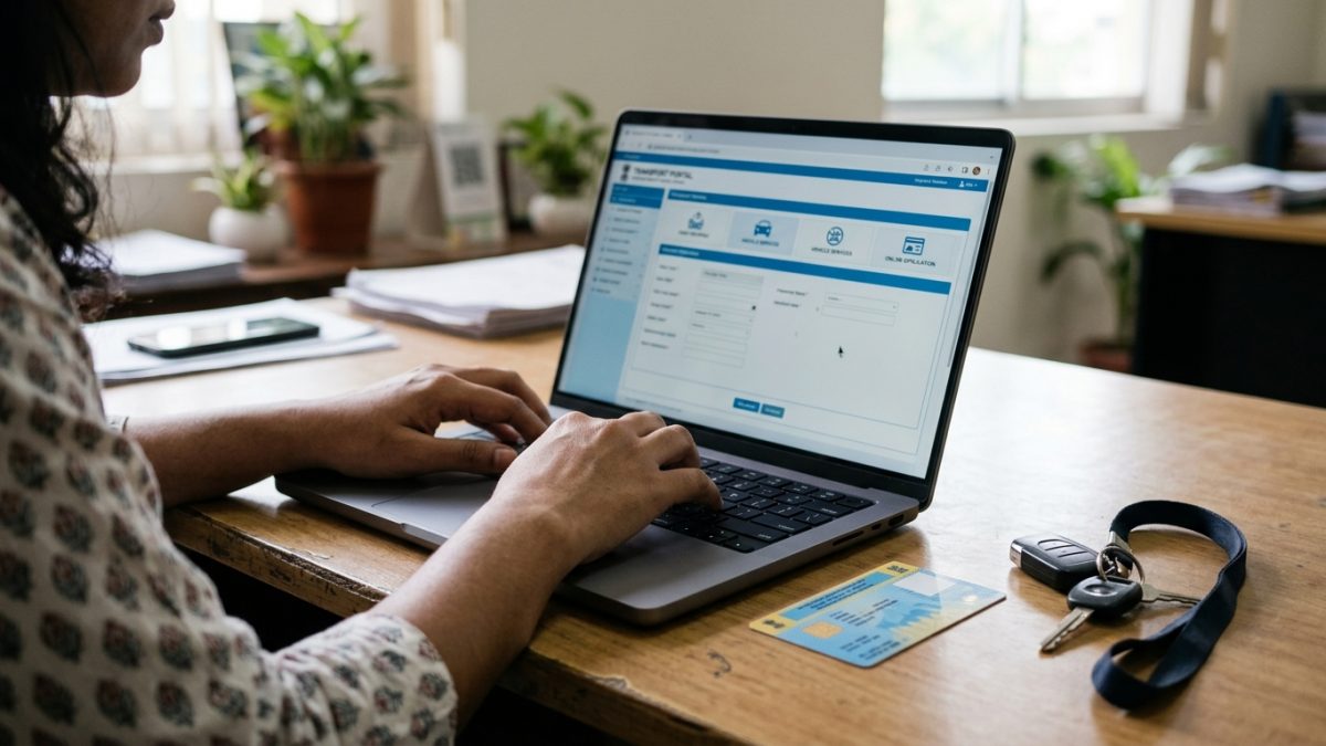 Applying for vehicle ownership transfer online on a laptop computer