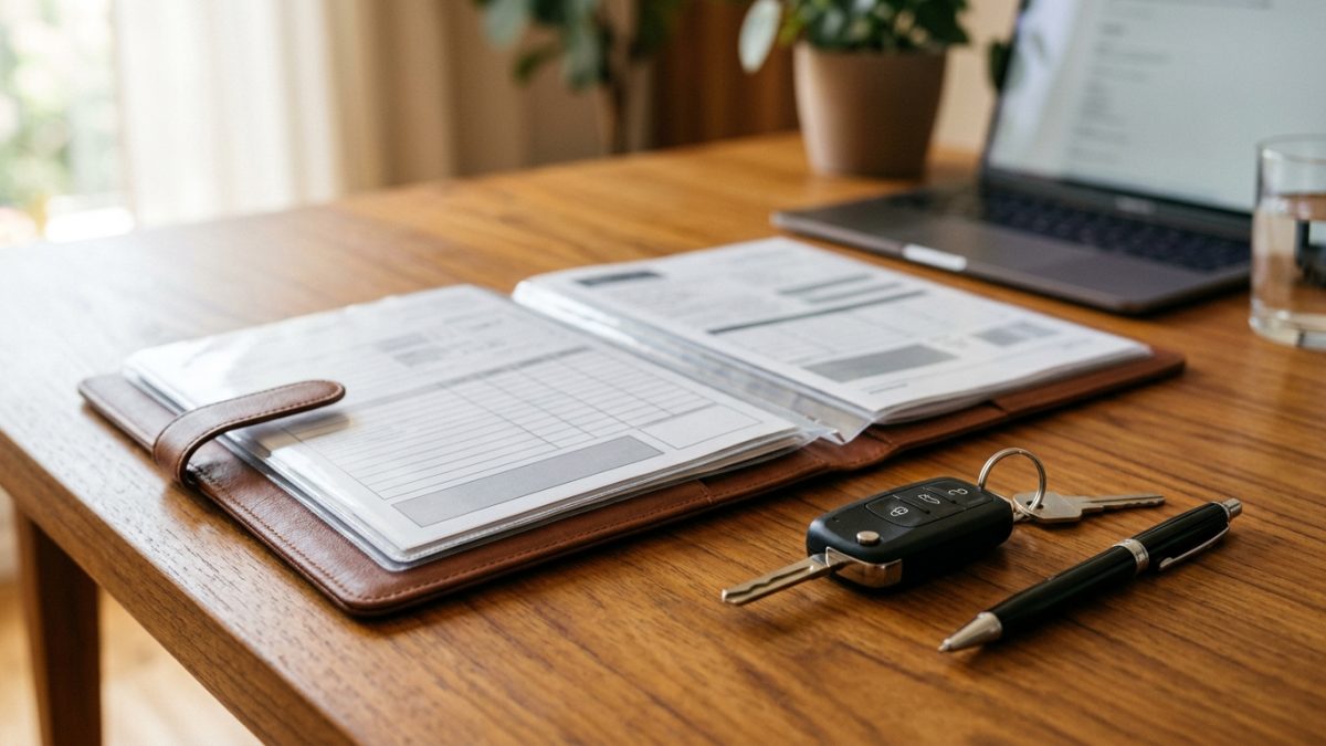 Car insurance policy documentation folder and vehicle keys on a wooden surface