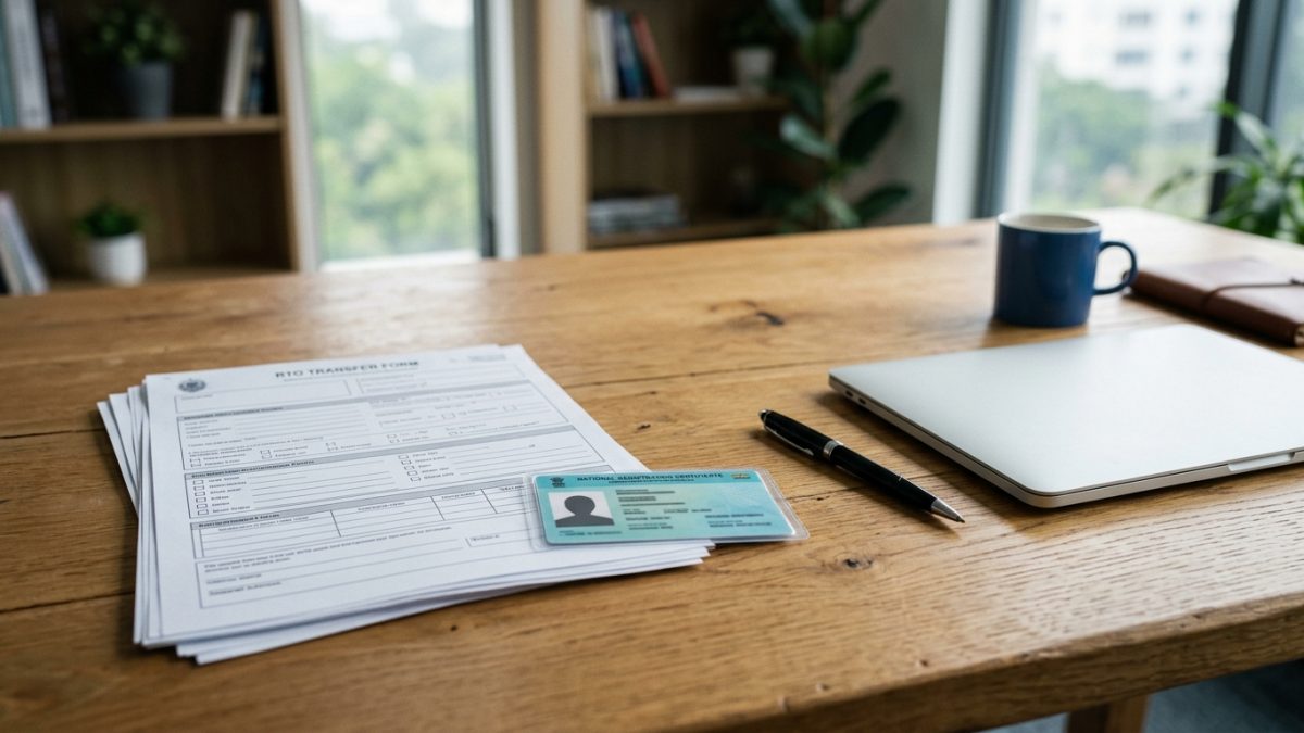 Official RTO vehicle transfer forms including Form 29 and Form 30 on a wooden desk