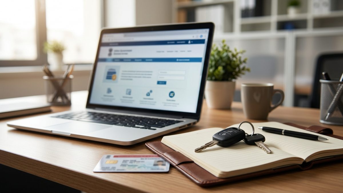 Laptop screen displaying the national transport portal application form with car keys nearby