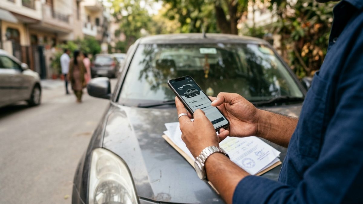 Person checking vehicle ownership status on mobile phone screen