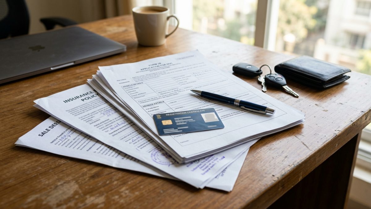 Checklist of documents including Form 28, RC card, and insurance certificate on an office table