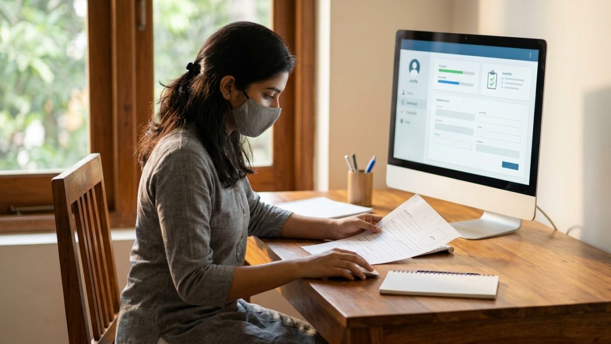 Applicant filling driving licence forms and preparing documents on a computer screen