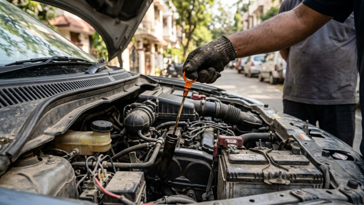 Mechanic performing an under-the-hood engine health inspection checking dipstick and coolant