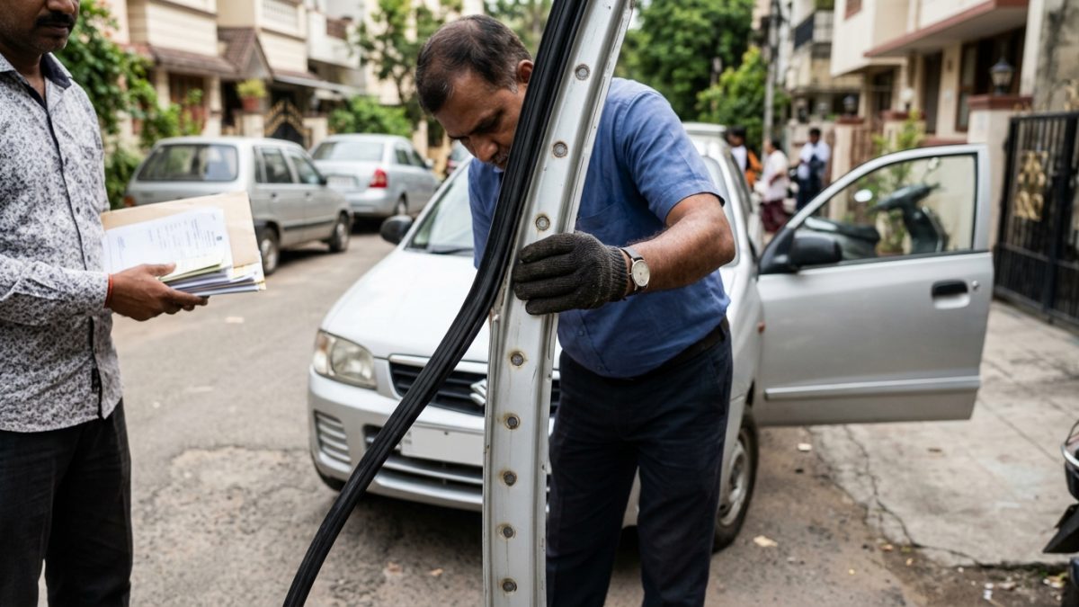 Inspector checking car door pillar spot welds and paint depth on a used car