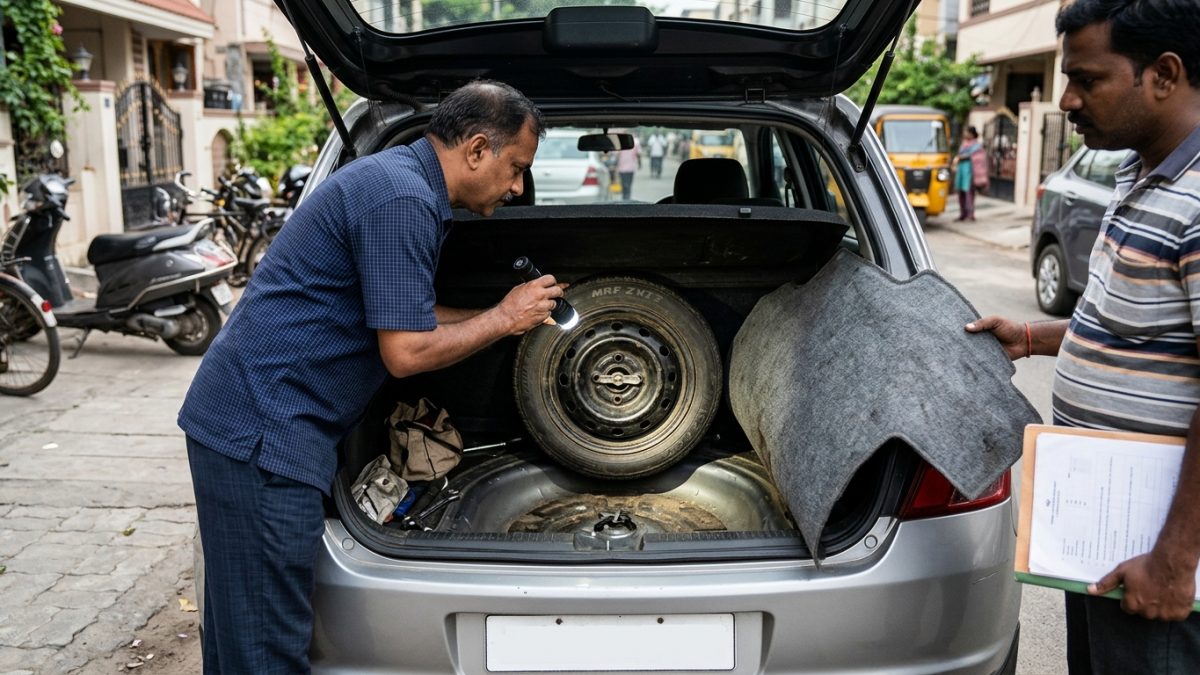 Inspection of car spare wheel well in trunk looking for water lines and silt residue