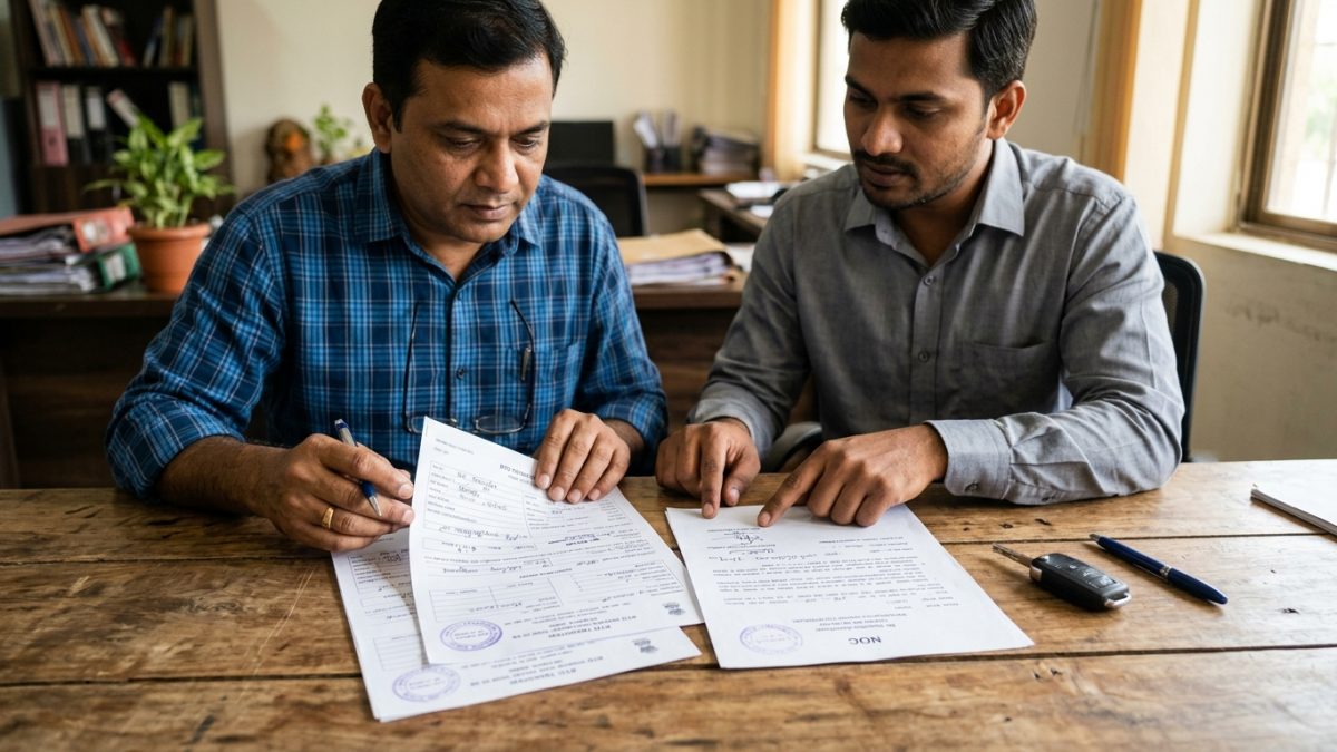 Verifying original RTO Form 35 and bank loan NOC documents for car transfer