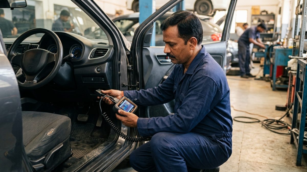 Automotive mechanic connecting an OBD-II diagnostic scanner to check real vehicle mileage