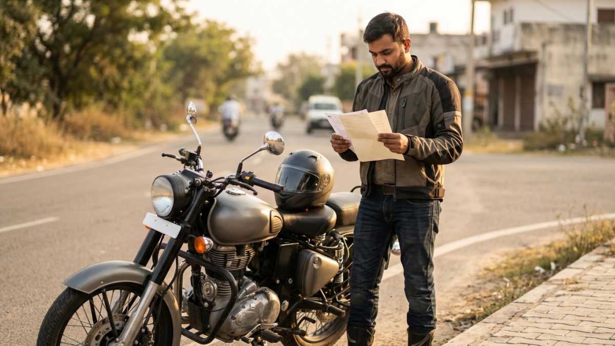 Two-wheeler rider checking insurance documents next to a motorcycle