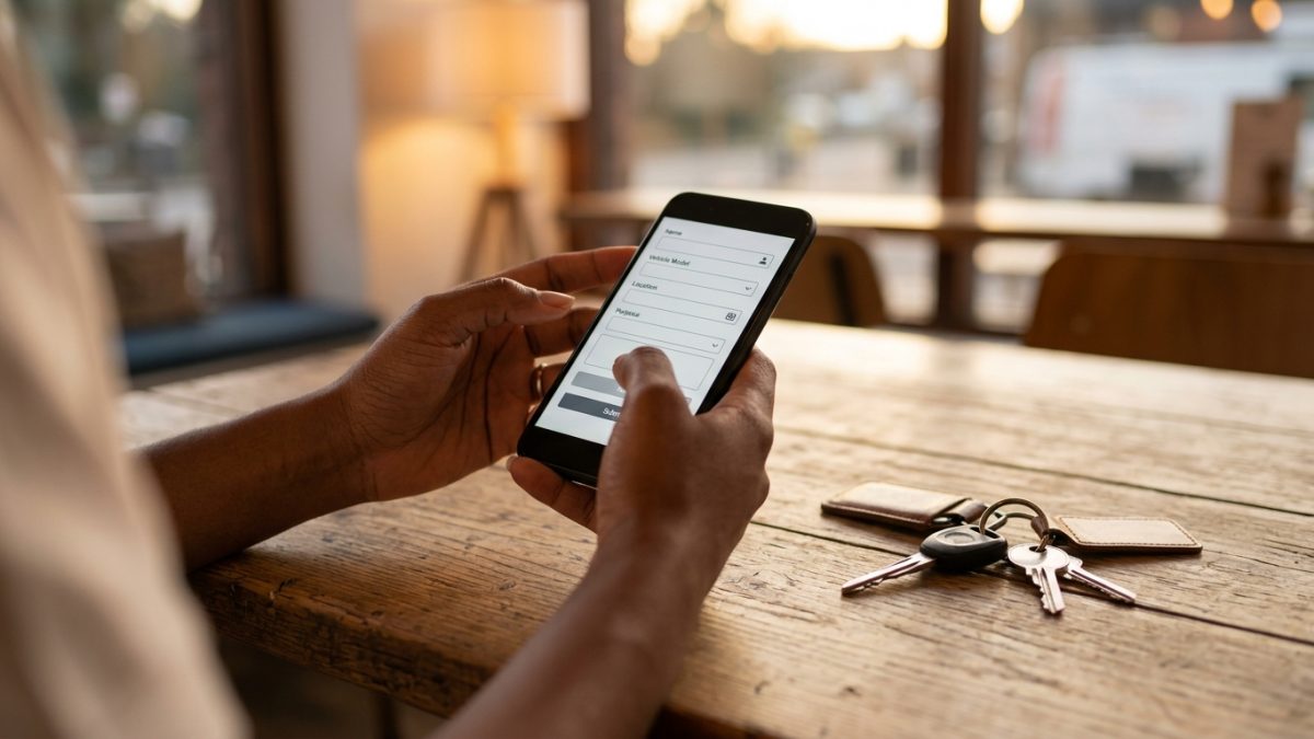 Smartphone showing bike insurance online application next to bike keys
