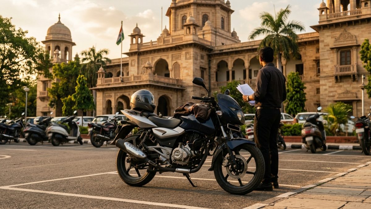 Motorcycle parked securely outside an RTO office building in India