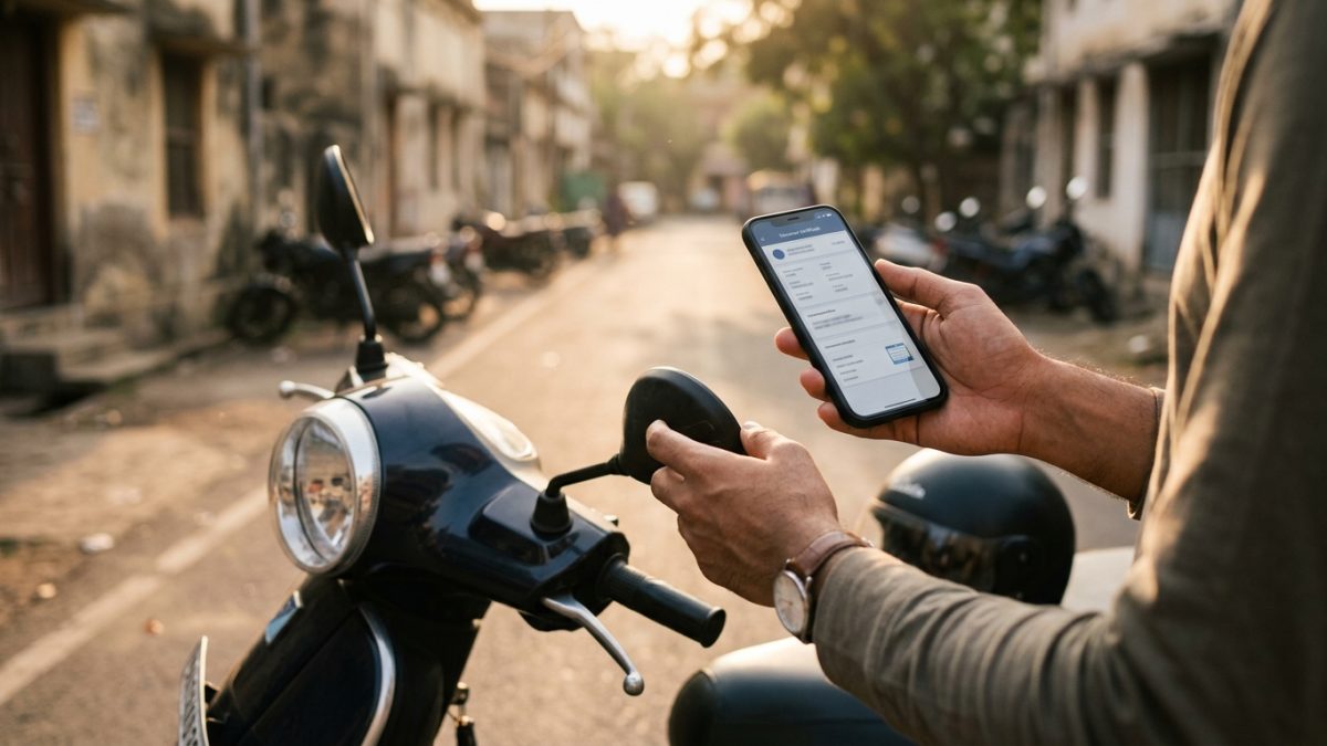 Person holding a smartphone reviewing bike insurance policy near a scooter