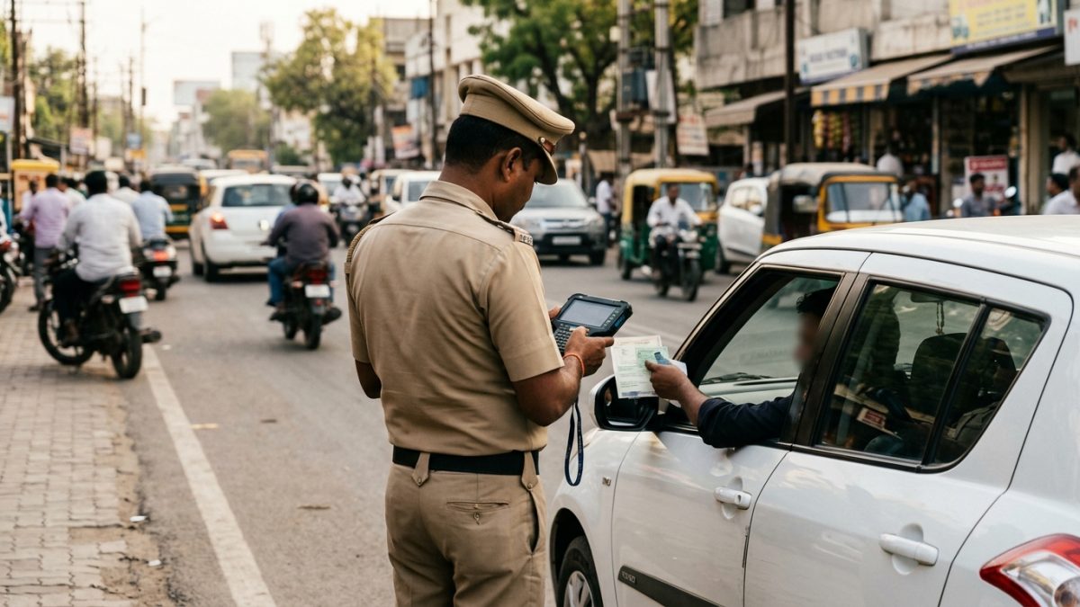 Traffic police checking vehicle insurance and issuing e-challan at roadside checkpoint