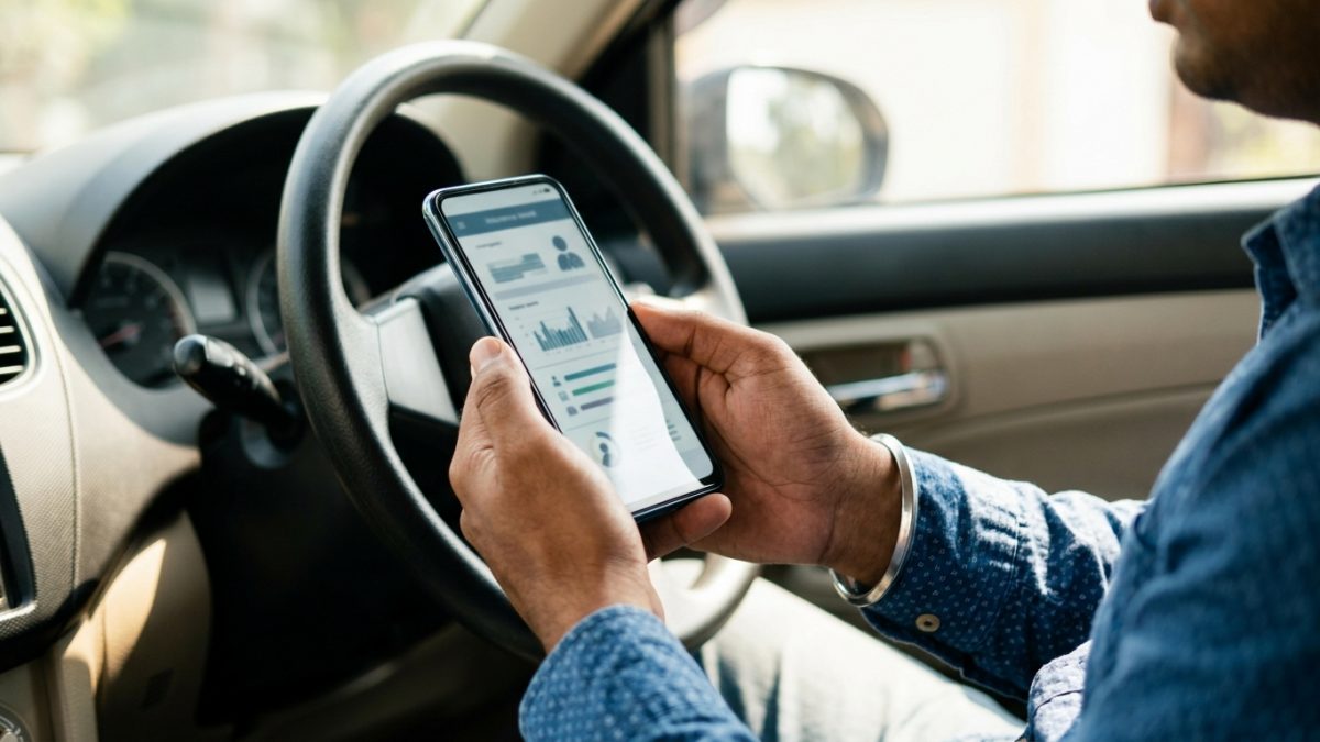 Smartphone displaying online car insurance policy verification and digital RC