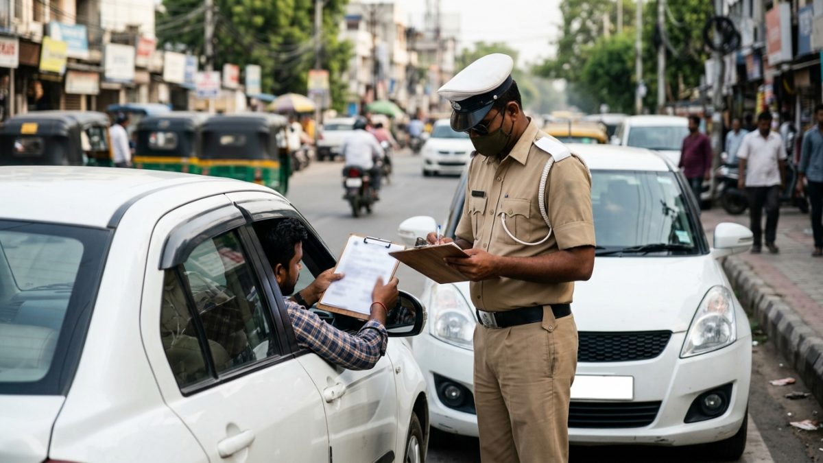 Traffic police checking car insurance documents on Indian road