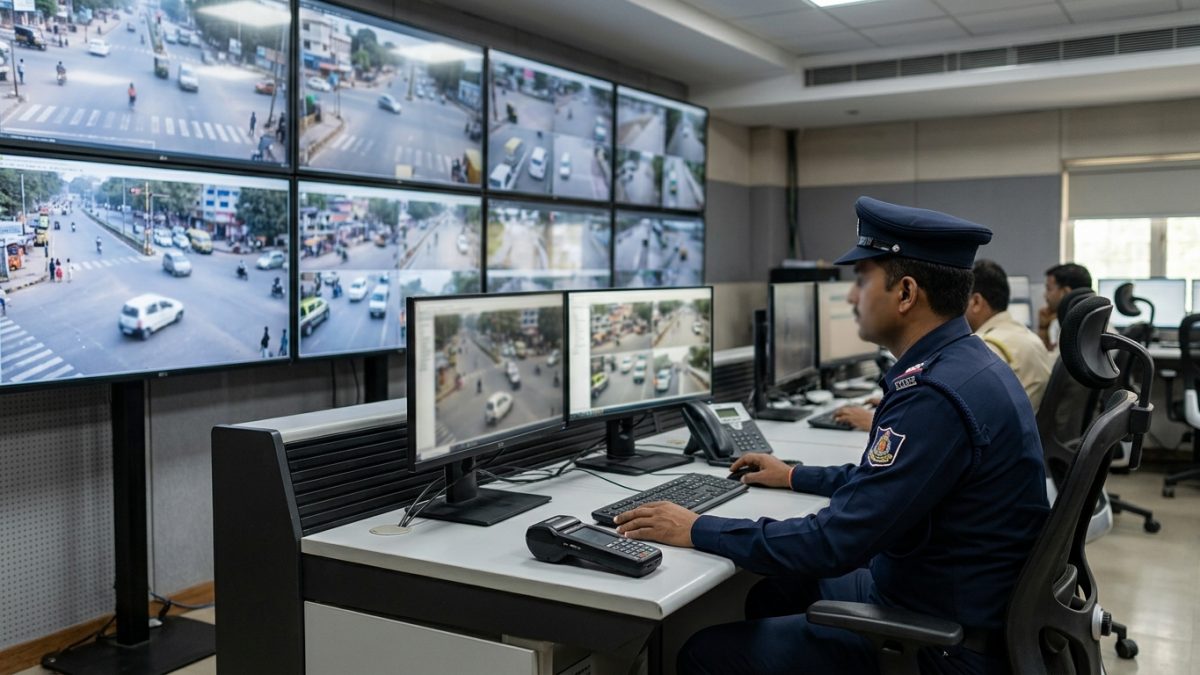 Indian traffic control room monitoring camera-based e challan status and speed traps