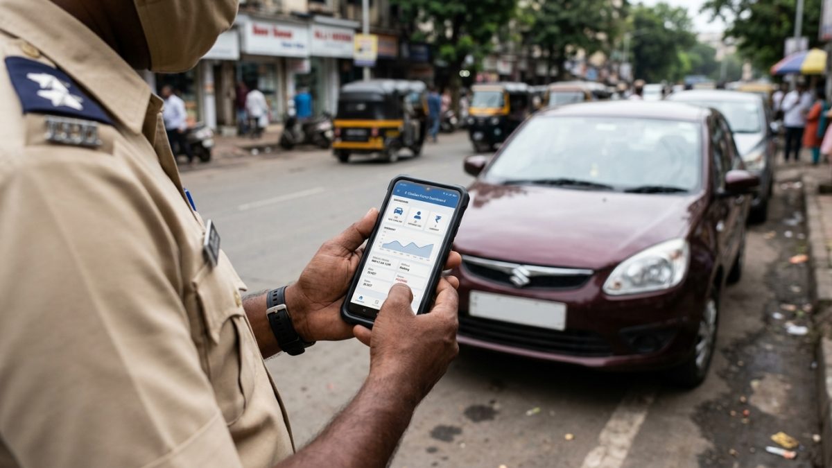 Person checking vehicle traffic challan check online on a smartphone in India
