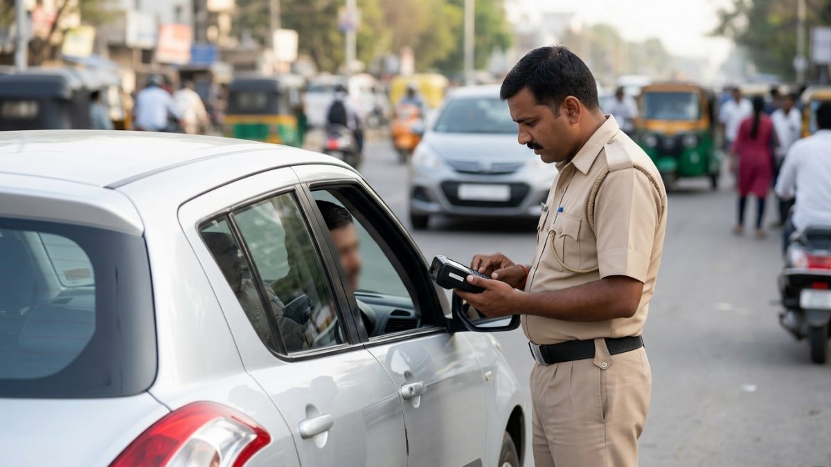 Electronic traffic enforcement camera operating above an Indian highway for traffic challan check online