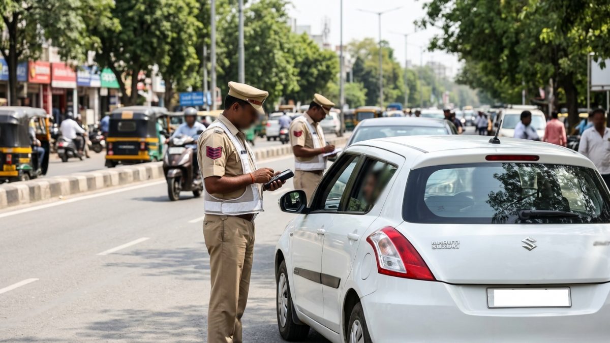 Indian traffic police checkpoint inspecting vehicle documents and checking pending traffic fines online