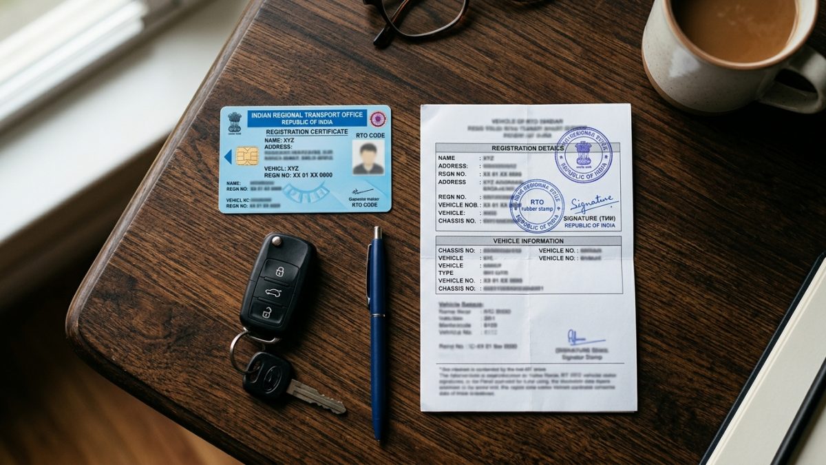 Vehicle documents including RC card, insurance papers, and challan printouts arranged on a table
