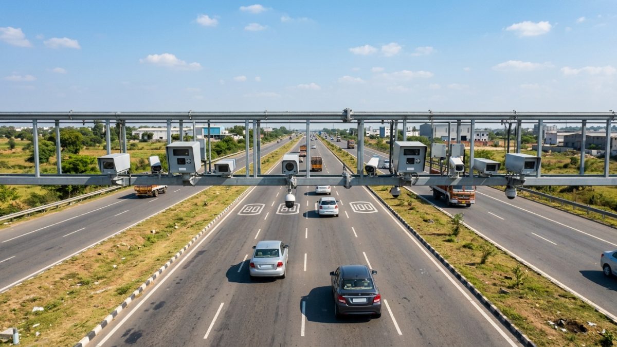 Digital traffic camera system capturing vehicles on an Indian highway for traffic challan processing