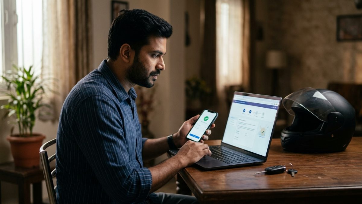 Driver checking online traffic challan payment verification on laptop