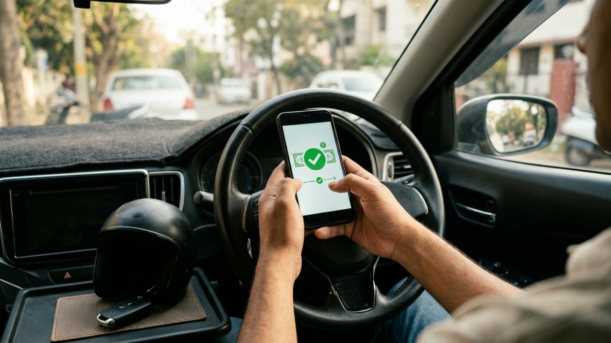 Person holding a smartphone completing an online traffic challan payment using a digital wallet app