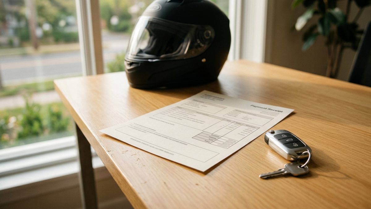 A printed official traffic fine payment receipt lying on a table beside vehicle keys