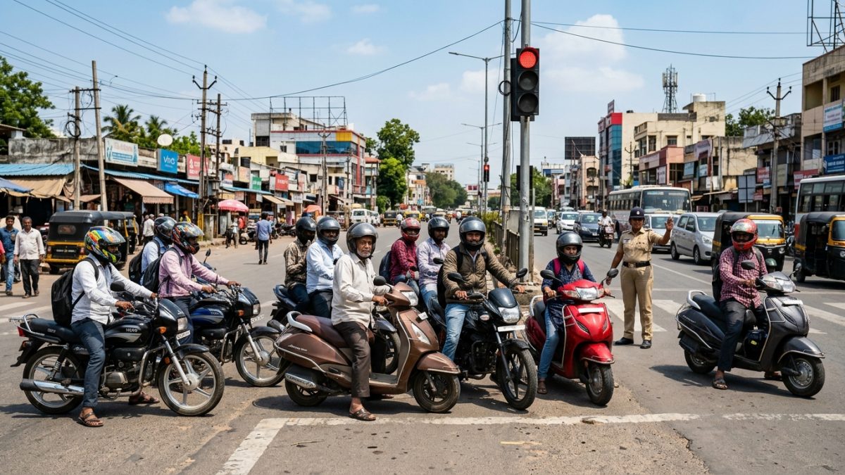 Two-wheeler riders wearing protective helmets at a city traffic stop in India