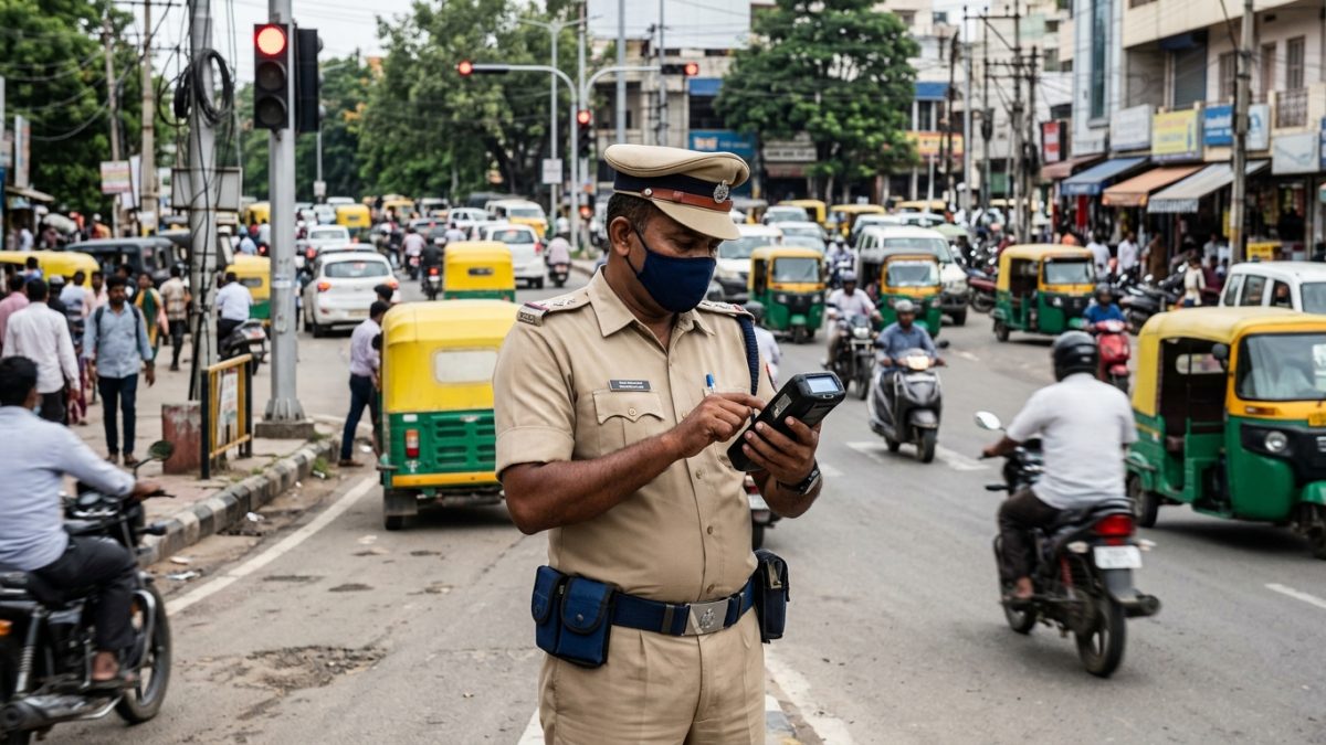 Traffic police officer checking electronic handheld machine for traffic violation challan