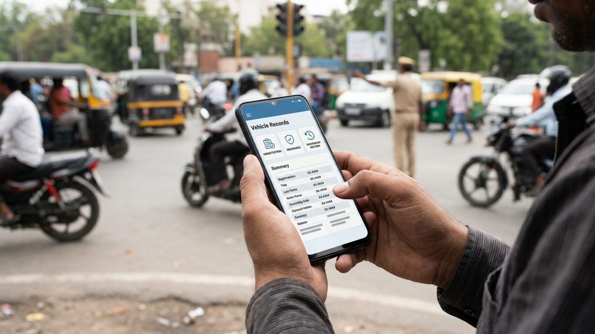 Motorist checking vehicle challan status on a mobile smartphone screen