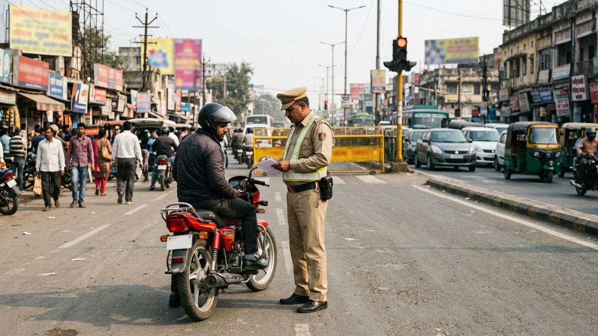 Traffic police officer checking two wheeler rider helmet and vehicle documents on an Indian road