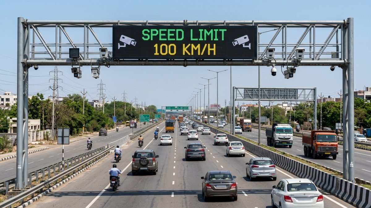 Modern highway with speed detection cameras monitoring cars on an Indian expressway