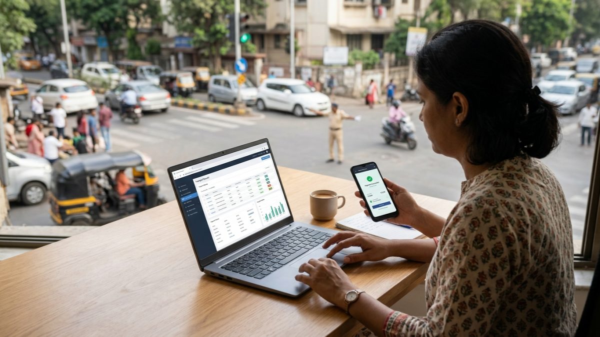 Person checking vehicle e-challan status and paying traffic fines online using a digital interface