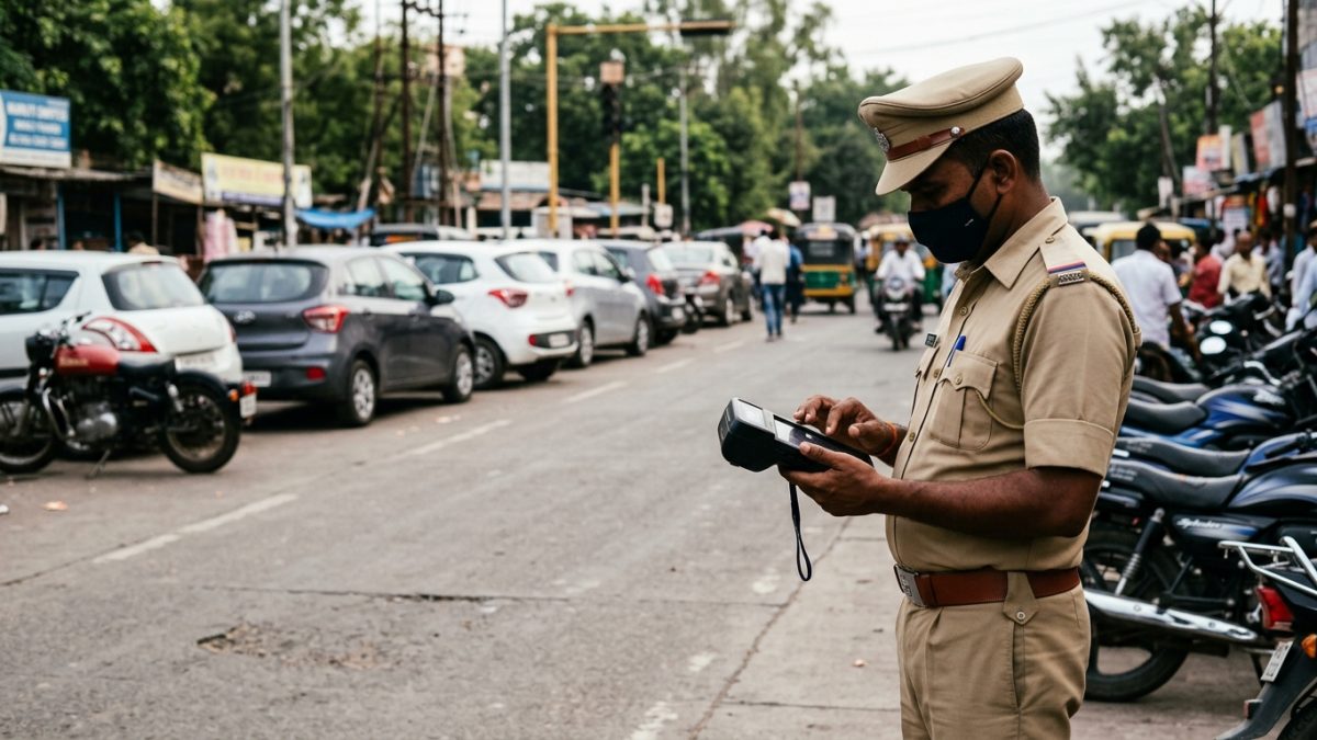 Indian traffic police officer using an electronic e-challan terminal on road