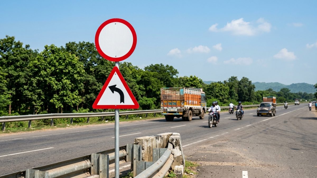 Mandatory and cautionary Indian road traffic signs along a national highway