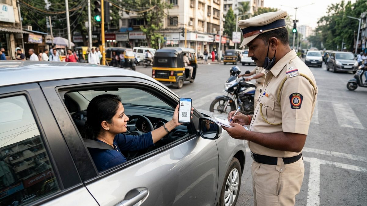 Driver showing digital driving documents on smartphone during traffic check in India