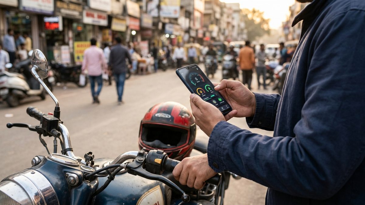 Smartphone displaying a digital vehicle dashboard for two wheeler insurance check mparivahan